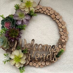 Homemade natural wood finish artificial succulent mix welcome friends wreath